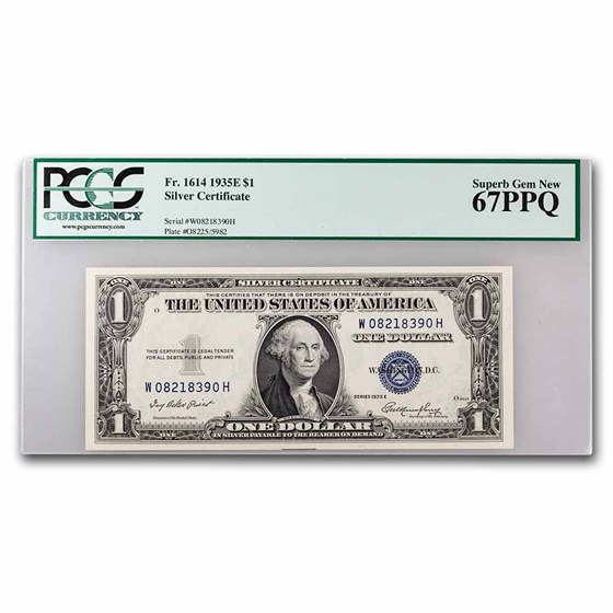 1935-E $1.00 Silver Certificate Gem CU-67 PPQ PCGS (Fr#1614) 1935-E $1.00 Silver Certificate Gem CU-67 PPQ PCGS (Fr#1614)