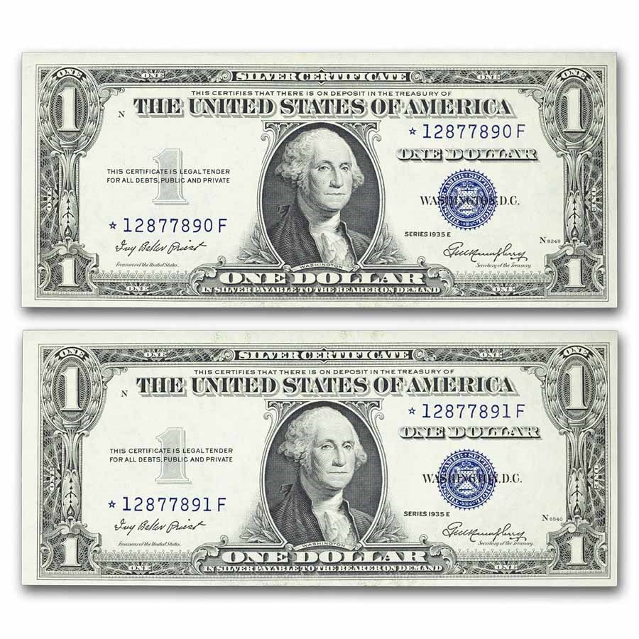 1935-E* $1 Silver Cert CU (Fr#1614*) Star Note, 2 Consec