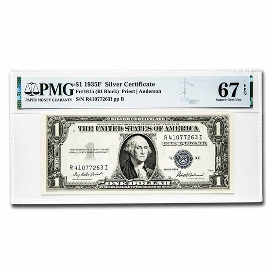 1935-F $1.00 Silver Certificate CU-67 EPQ PMG (Fr#1615) 1935-F $1.00 Silver Certificate CU-67 EPQ PMG (Fr#1615)