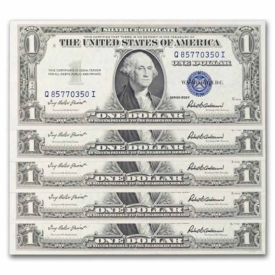 1935-F $1.00 Silver Certificates CU (Fr#1615) 5 Consecutive