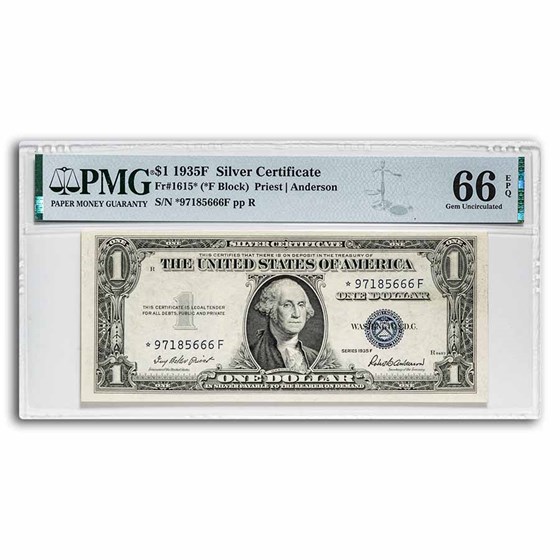 1935-F* $1 Silver Certificate CU-66 EPQ PMG (Fr#1615*) Star Note 1935-F* $1 Silver Certificate CU-66 EPQ PMG (Fr#1615*) Star Note