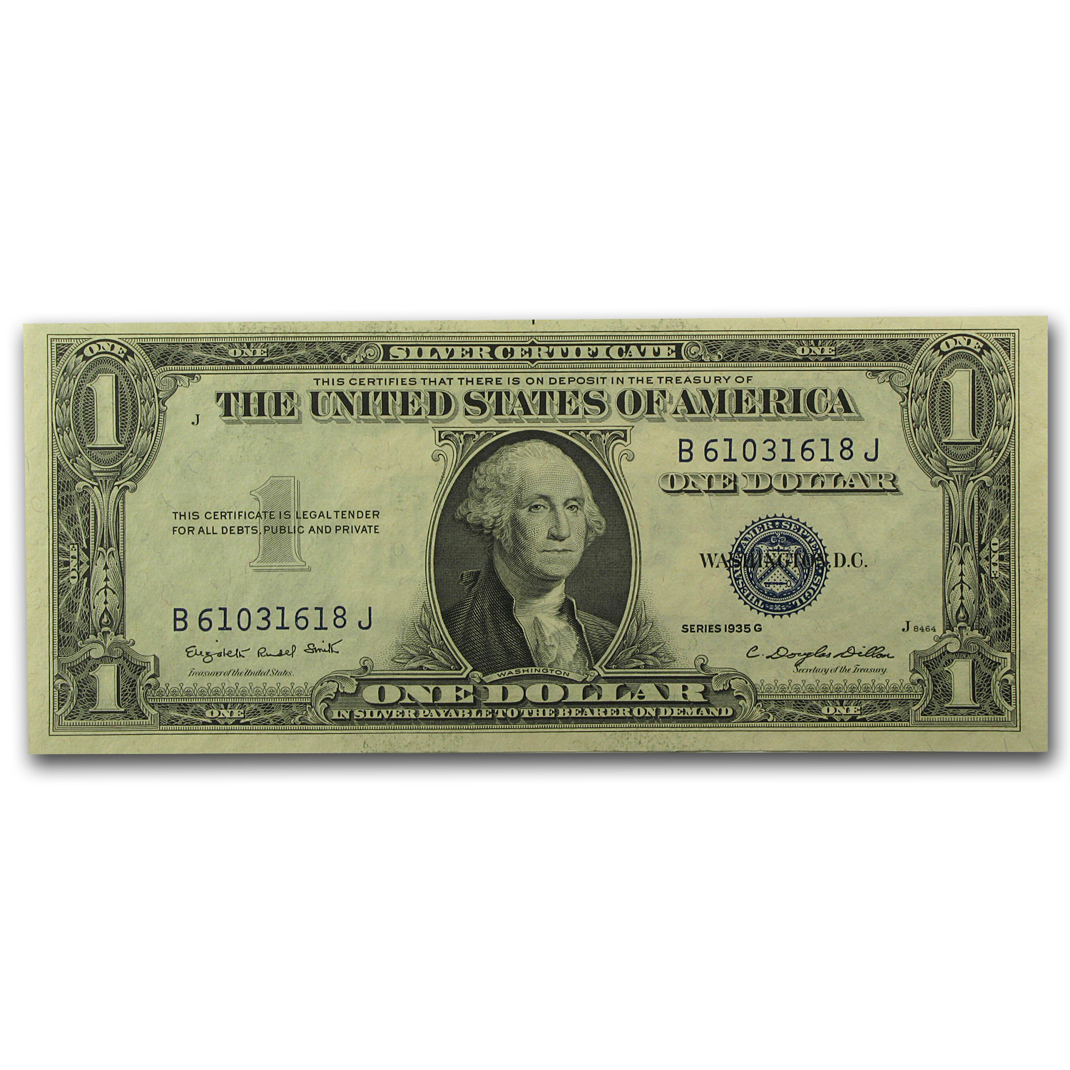 NO MOTTO . $1.00 ONE DOLLAR BLUE SEAL SILVER CERTIFICATE CU 1935 G . 