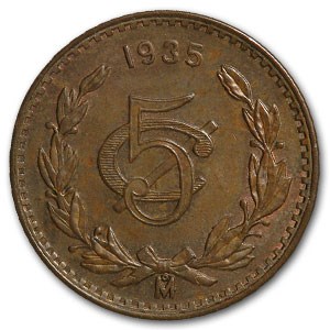 1935-Mo Mexico 5 Centavos Bronze BU Brown KM#422 1935-Mo Mexico 5 Centavos Bronze BU Brown KM#422