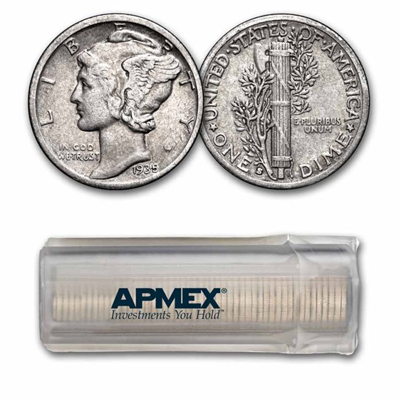 1935-S Mercury Dime 50-Coin Roll Avg Circ
