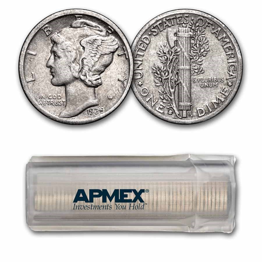 1935-S Mercury Dime 50-Coin Roll Avg Circ