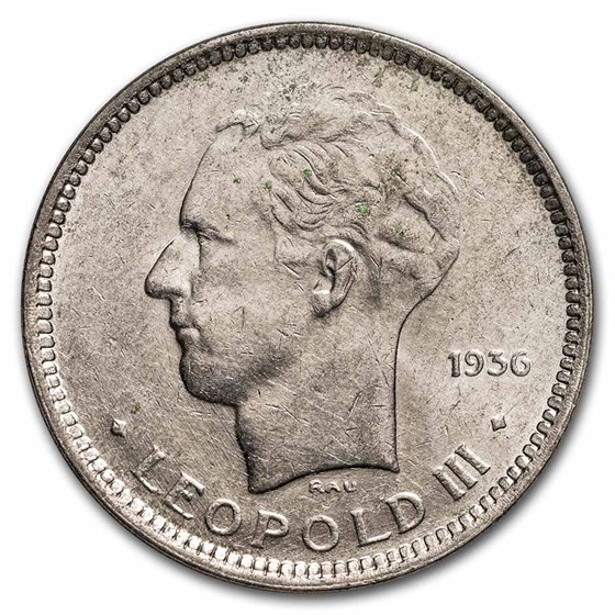 1936-1937 Belgium Nickel 5 Francs Albert XF/AU 1936-1937 Belgium Nickel 5 Francs Albert XF/AU