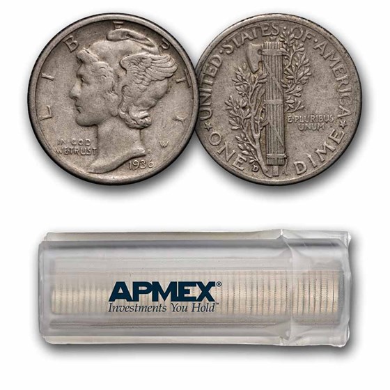 1936-D Mercury Dime 50-Coin Roll Avg Circ