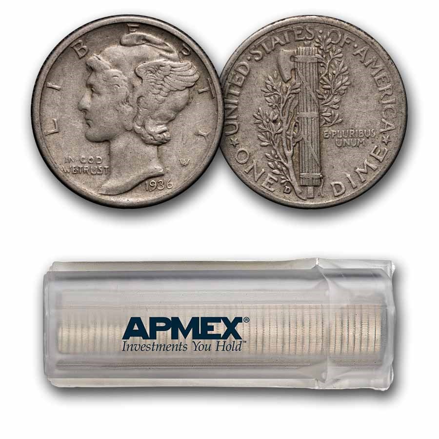 1936-D Mercury Dime 50-Coin Roll Avg Circ