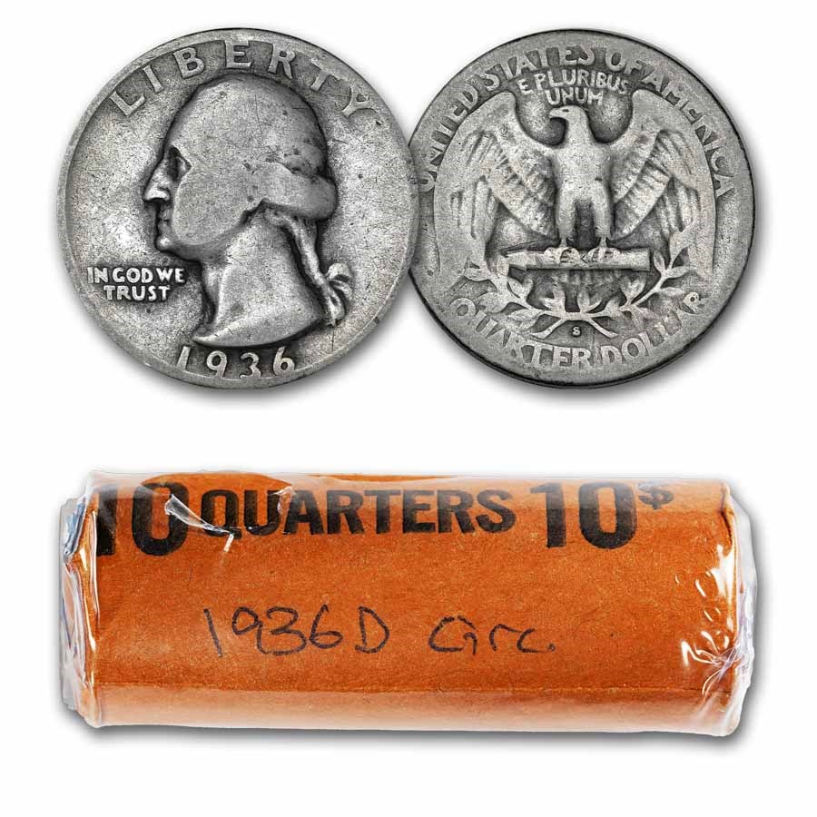 1936-D Washington Quarter 40-Coin Roll Avg Circ