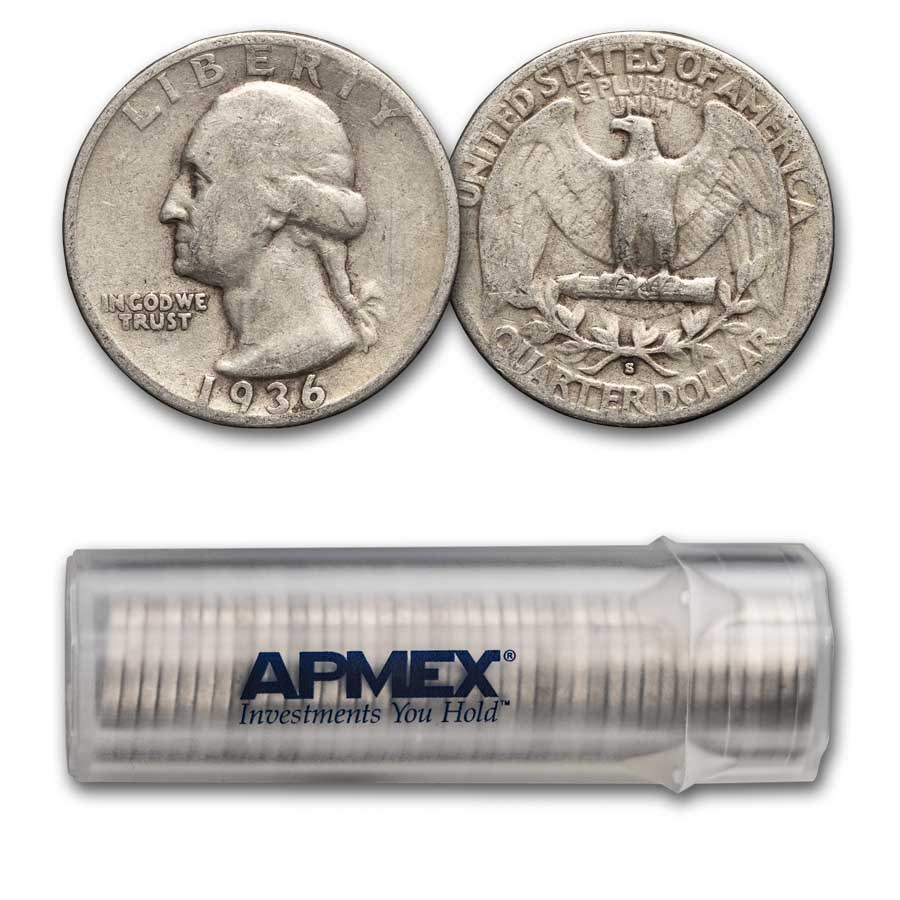 1936-S Washington Quarter 40-Coin Roll Avg Circ