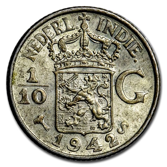 1937-1945 Netherlands East Indies Silver 1/10 Gulden Avg Circ 1937-1945 Netherlands East Indies Silver 1/10 Gulden Avg Circ