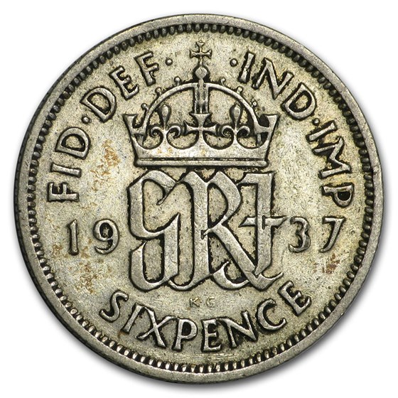 1937-1946 Great Britain Silver 6 Pence George VI Avg Circ 1937-1946 Great Britain Silver 6 Pence George VI Avg Circ