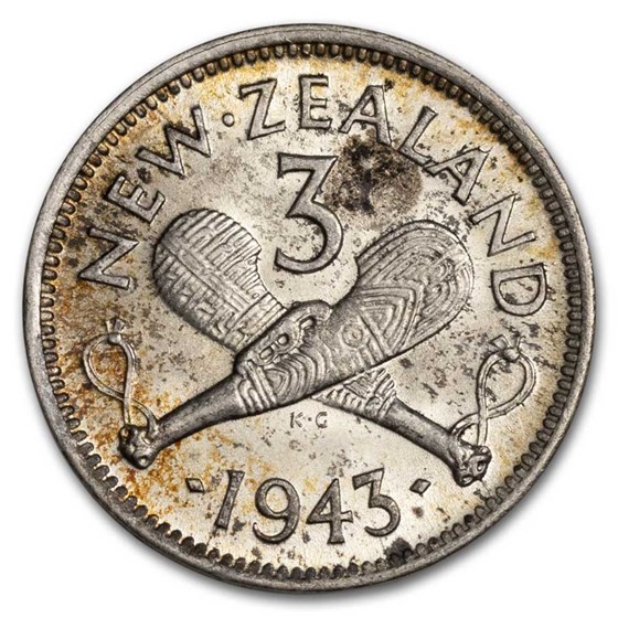 1937-1946 New Zealand Silver 3 Pence George VI BU 1937-1946 New Zealand Silver 3 Pence George VI BU