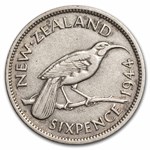 1937-1946 New Zealand Silver 6 Pence George VI Avg Circ