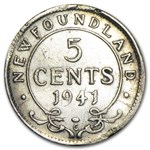 1937-43 Newfoundland 5 Cents .925 Silver Avg Circ (Random Dates)
