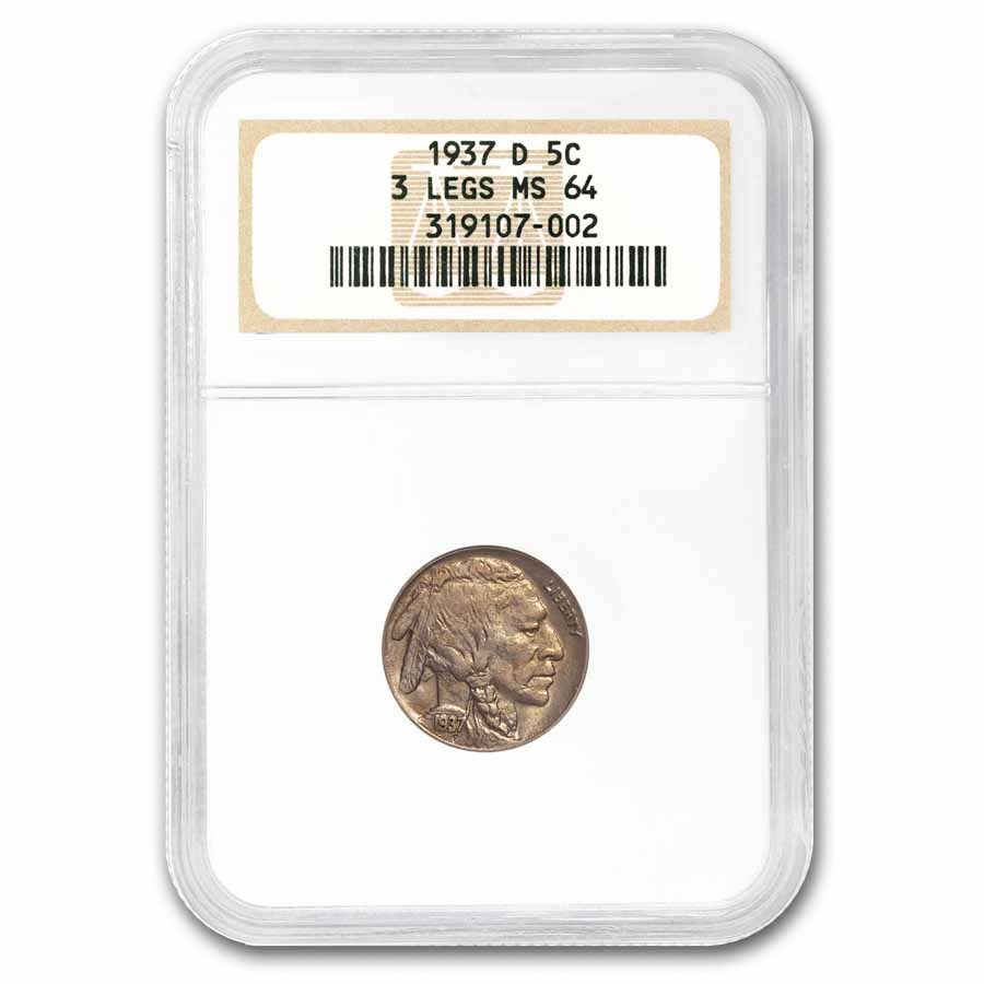 1937-D 3 Legged Buffalo Nickel MS-64 NGC