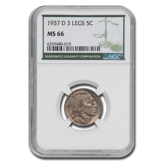 1937-D 3 Legged Buffalo Nickel MS-66 NGC (Green Label)