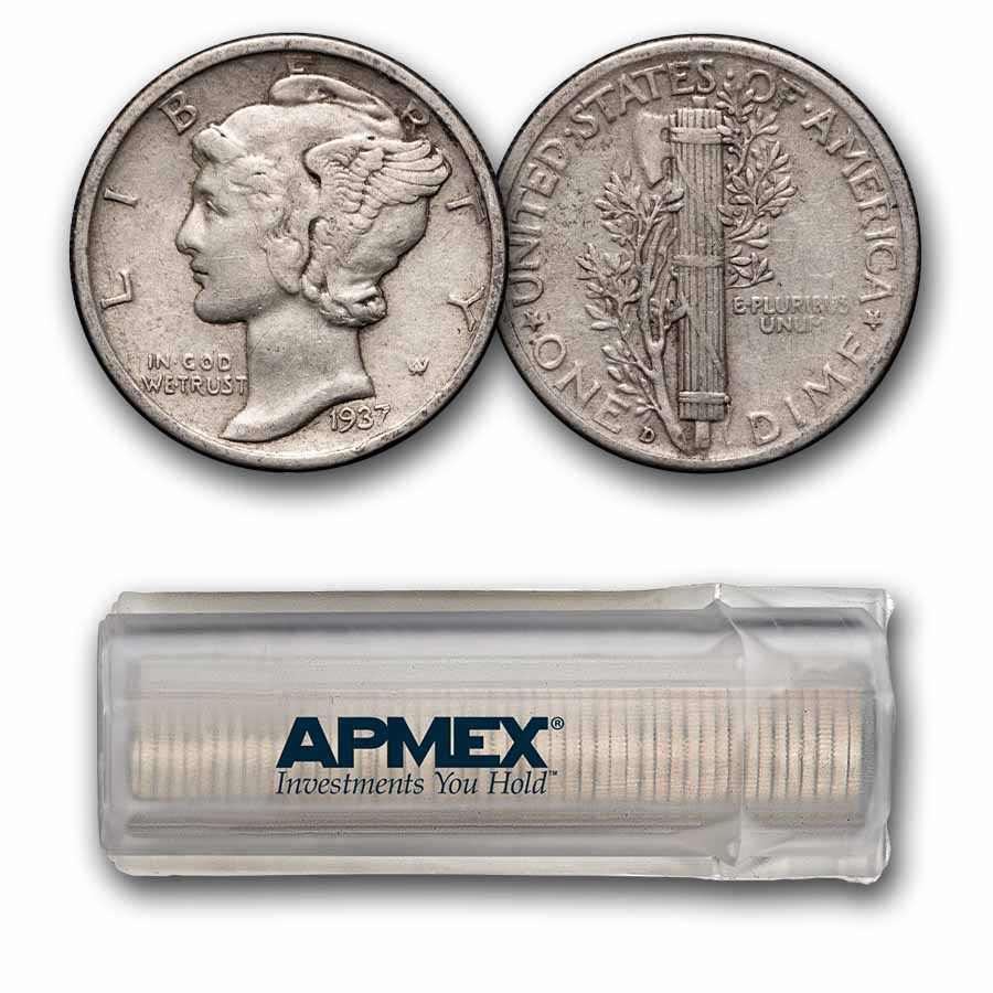 1937-D Mercury Dime 50-Coin Roll Avg Circ