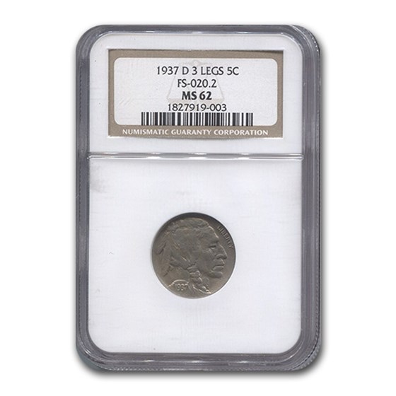 1937-D Three Legged Buffalo Nickel MS-62 NGC 1937-D Three Legged Buffalo Nickel MS-62 NGC