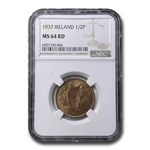 1937 Ireland 1/2 Penny MS-64 NGC (Red)