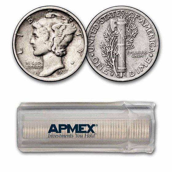 1937-S Mercury Dime 50-Coin Roll Avg Circ