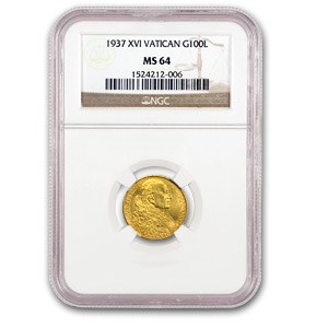 1937 Vatican City Gold 100 Lire MS-64 NGC 1937 Vatican City Gold 100 Lire MS-64 NGC
