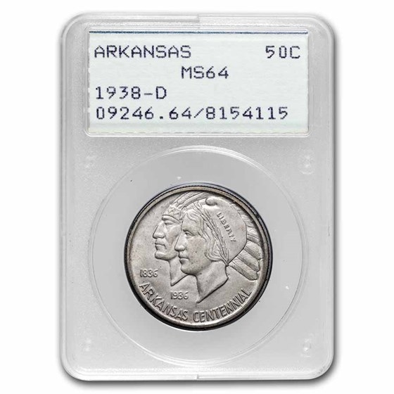 1938-D Arkansas Half Dollar Commem MS-64 PCGS (Rattler Holder) 1938-D Arkansas Half Dollar Commem MS-64 PCGS (Rattler Holder)