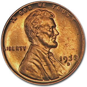 1938-D Lincoln Cent BU (Red)