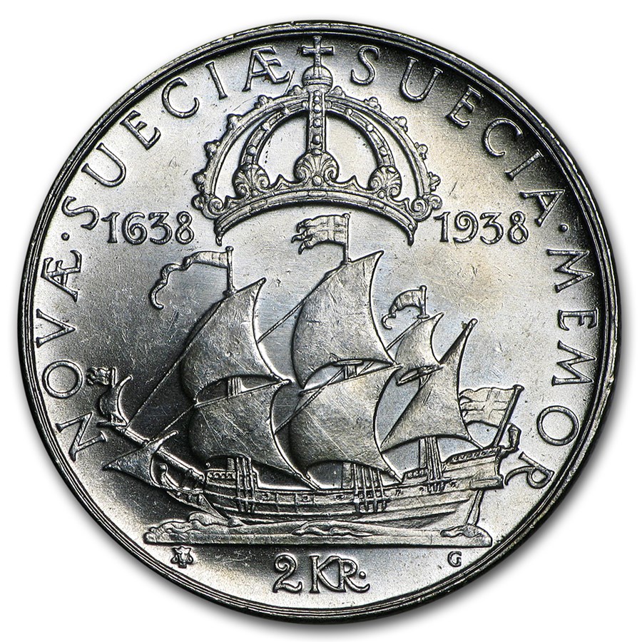 1938-G Sweden Silver 2 Kronor Settlement of Delaware AU/BU