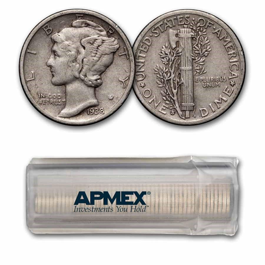 1938-S Mercury Dime 50-Coin Roll Avg Circ