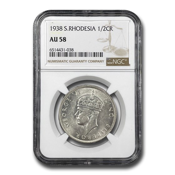 1938 Southern Rhodesia Silver 1/2 Crown George VI AU-58 NGC 1938 Southern Rhodesia Silver 1/2 Crown George VI AU-58 NGC