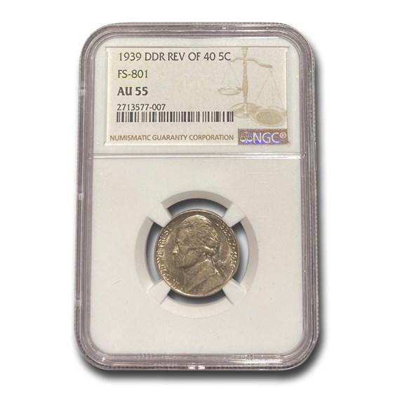 1939 Jefferson Nickel AU-55 NGC (DDR Rev of 40 FS-801) 1939 Jefferson Nickel AU-55 NGC (DDR Rev of 40 FS-801)