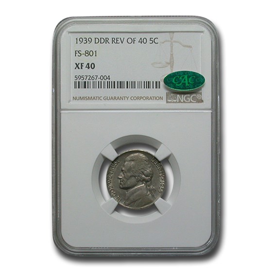 1939 Jefferson Nickel Rev of 40 XF-40 NGC CAC (DDR Rev of 40) 1939 Jefferson Nickel Rev of 40 XF-40 NGC CAC (DDR Rev of 40)