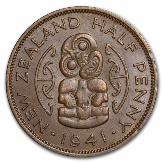 1940-1947 New Zealand 1/2 Penny Hei Tiki George VI BU (Brown) 1940-1947 New Zealand 1/2 Penny Hei Tiki George VI BU (Brown)