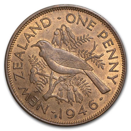 1940-1947 New Zealand Bronze 1 Penny Tui Bird George VI BU R/B 1940-1947 New Zealand Bronze 1 Penny Tui Bird George VI BU R/B