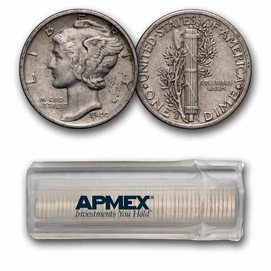 1940-S Mercury Dime 50-Coin Roll Avg Circ