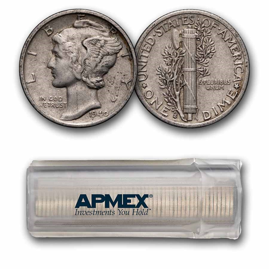 1940-S Mercury Dime 50-Coin Roll Avg Circ