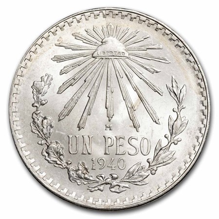 1940 Silver Mexican 1 Peso Cap & Rays BU