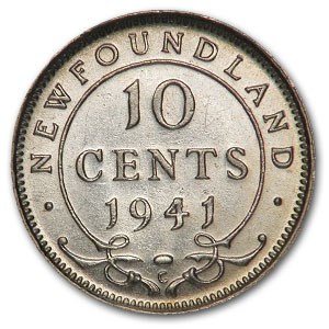 1941-C Newfoundland Silver 10 Cents AU-58 George VI 1941-C Newfoundland Silver 10 Cents AU-58 George VI