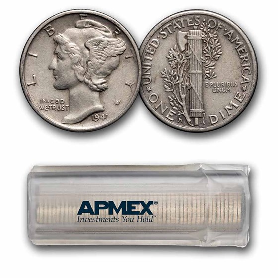 1941-D Mercury Dime 50-Coin Roll Avg Circ