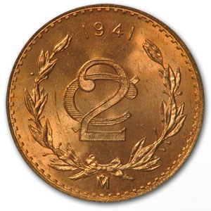 1941 Mexico 2 Centavos Bronze BU Red KM#419 1941 Mexico 2 Centavos Bronze BU Red KM#419