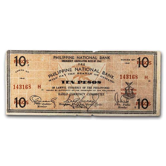 1941 Philippines Guerilla Currency 10 Pesos Note VF