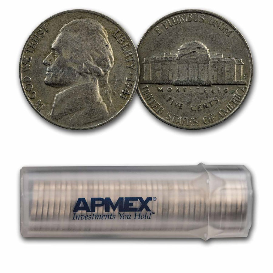 1941-S Jefferson Nickel 40-Coin Roll Avg Circ