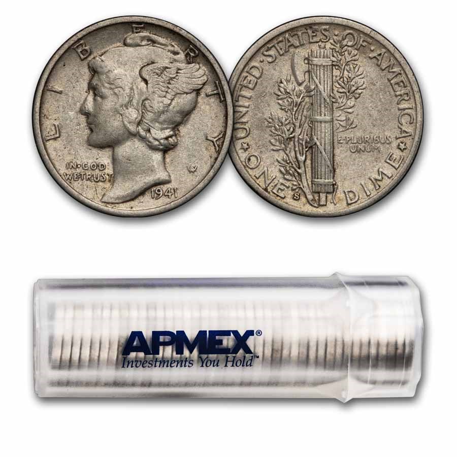 1941-S Mercury Dime 50-Coin Roll Avg Circ