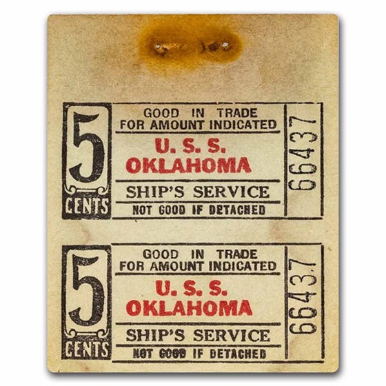 1941 USS Oklahoma Ship's Service 5 Cents Strip of 2 Chits 1941 USS Oklahoma Ship's Service 5 Cents Strip of 2 Chits