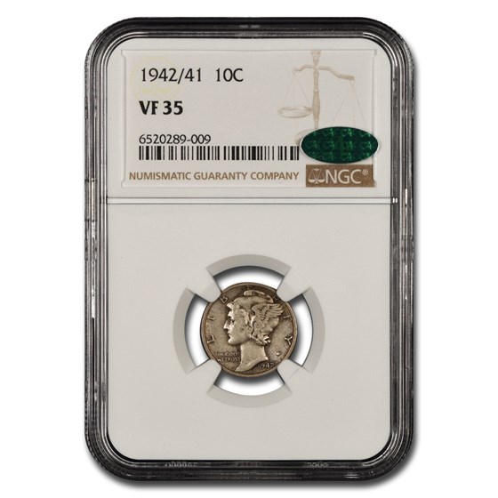 1942/41 Mercury Dime VF-35 NGC CAC 1942/41 Mercury Dime VF-35 NGC CAC