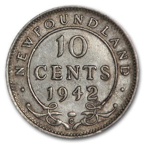 1942-C Newfoundland Silver 10 Cents George VI AU 1942-C Newfoundland Silver 10 Cents George VI AU