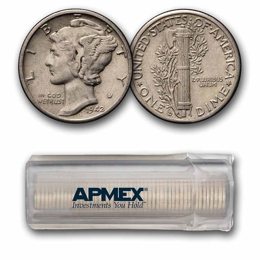 1942-D Mercury Dime 50-Coin Roll Avg Circ