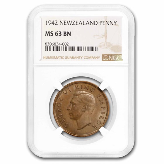 1942 New Zealand Bronze 1 Penny Tui Bird George VI MS-63 NGC 1942 New Zealand Bronze 1 Penny Tui Bird George VI MS-63 NGC