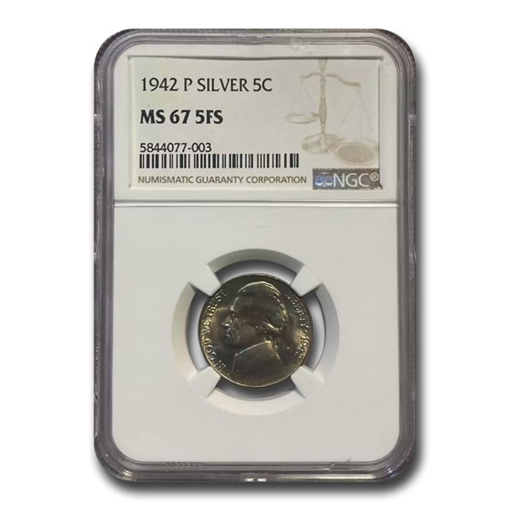 1942-P Silver Jefferson Nickel MS-67 NGC (FS) 1942-P Silver Jefferson Nickel MS-67 NGC (FS)